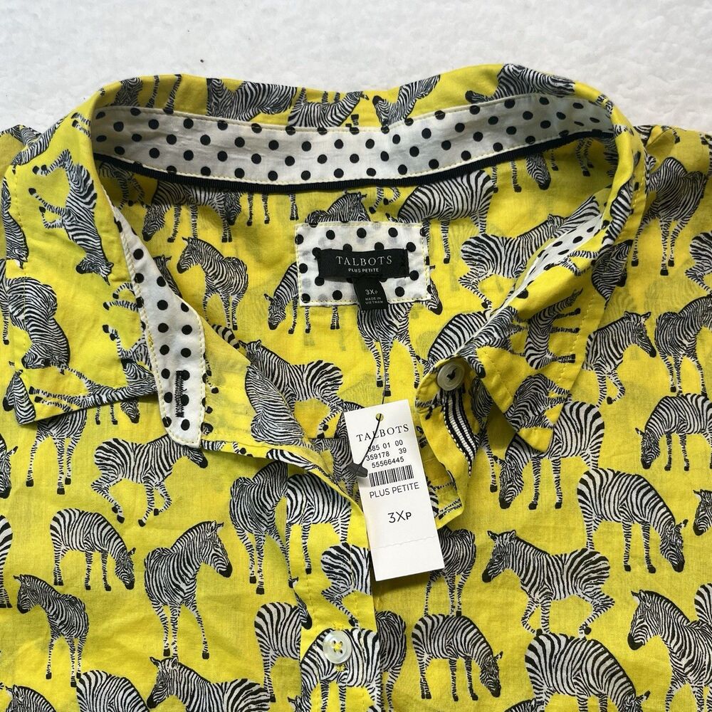 Talbots Blouse Womens 3XP Plus Petite Yellow Grazing Zebra Cotton Button Down